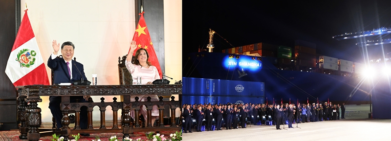當地時間2024年11月14日晚,習近平主席同秘魯總統博魯阿爾特在利馬總統府以視頻方式共同出席錢凱港開港儀式(拼版照片)。
